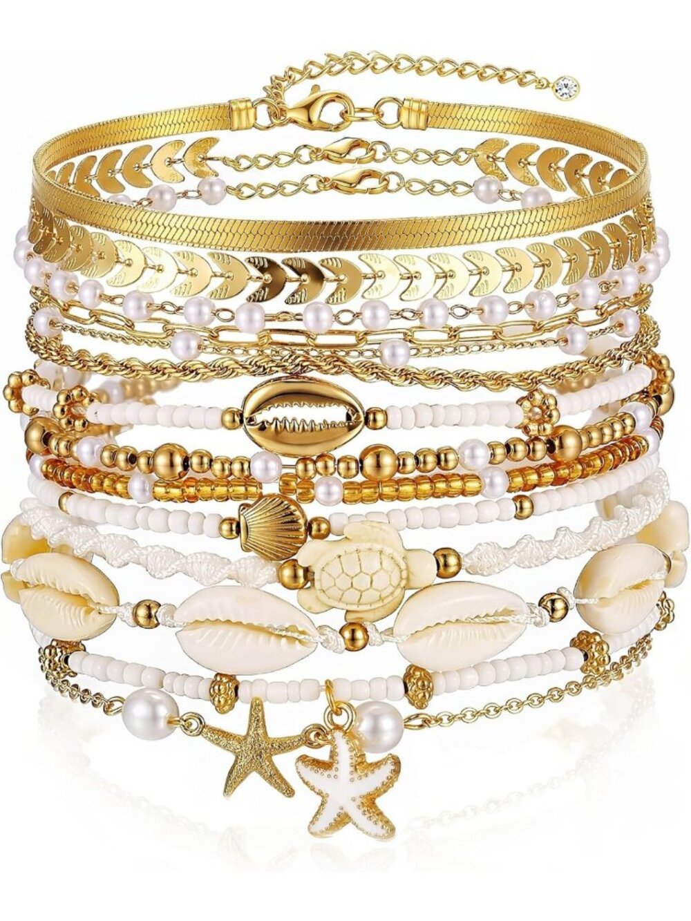 Boho Gold Beaded Stackable Bracelets for Women | Adjustable Stretch Set, Beach